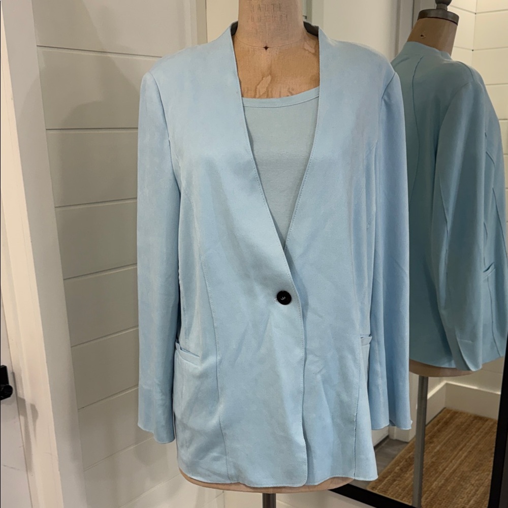 Marc Cain robin’s egg blue Women's Blazer Jacket in faux suede with tank top